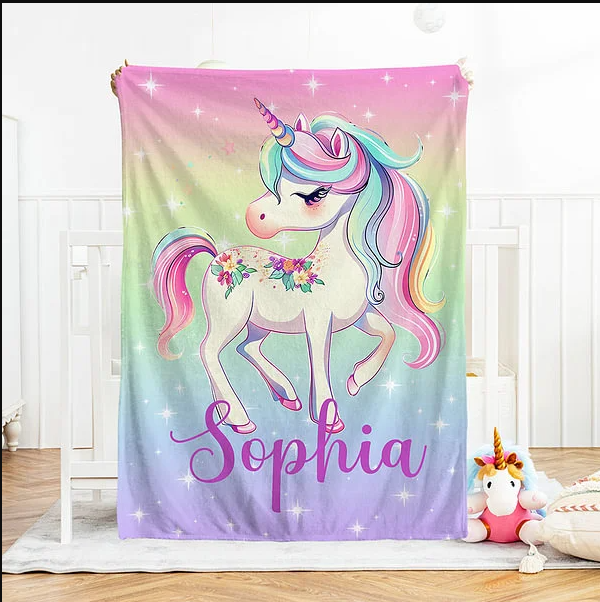 Personalisierte Kuschelige Fantasie-Einhorn Decke mit Namen Kinderzimmer Deko Babyparty Geburtstag Geschenk für Neugeborene Mädchen