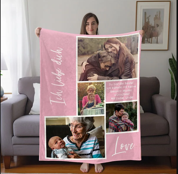 
Personalisierte Weiche „Love“ Decke mit 4 Fotos Collage Text Haus Deko Muttertag Weihnachten Geschenk für Familie
