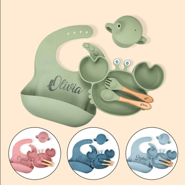 Personalisiertes Krabbe Baby-Fütterung Besteck-Set aus Lebensmittelqualität Silikon mit Saugnapf Stillentwöhnung Babygeschirr für Kleinkind Kinder
