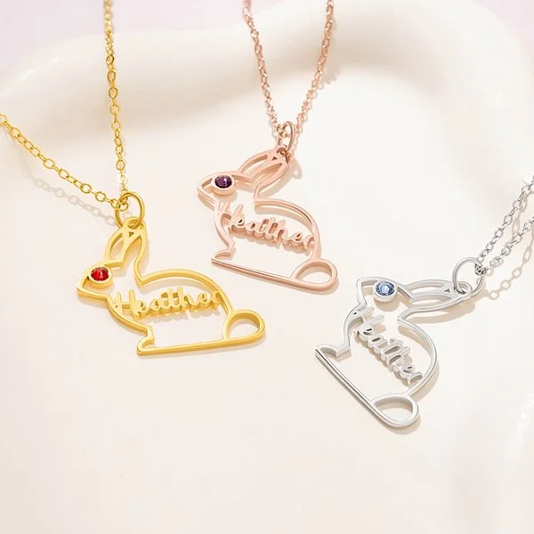Personalisierte Birthstone Hollow Bunny Outline Halskette mit Namen