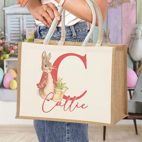 Personalisierte niedliche Ostern Hase große Jute Tragetasche mit Initiale und Name