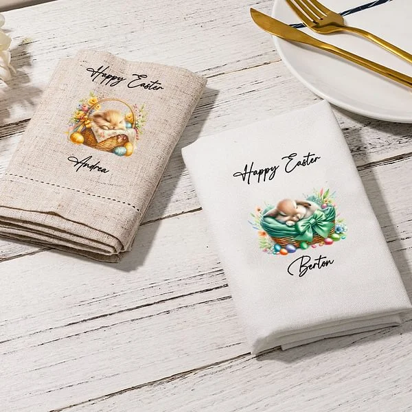 Personalisierte schlafende Hase in einem Korb Leinen wiederverwendbare Serviette mit Namen Tischdekoration Ostern Housewarming Geschenk für Familie