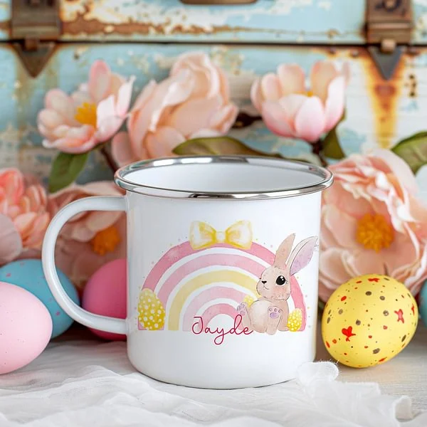 Personalisierte niedliche Regenbogen Osterhase 11oz Emaille Becher mit Namen