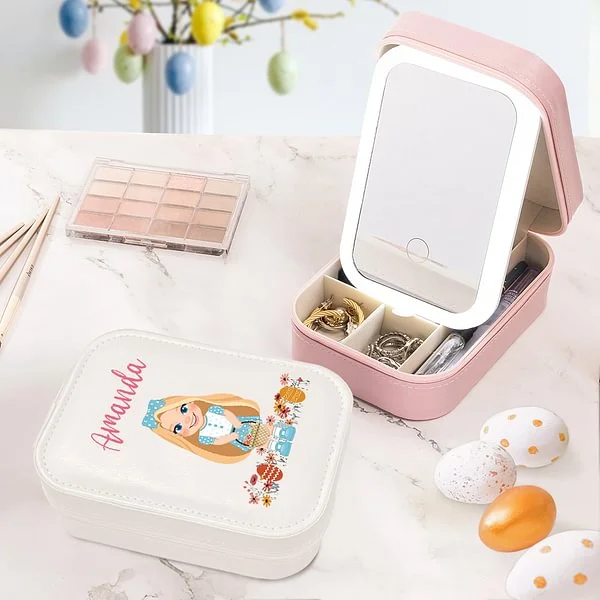 Personalisierte Blumen Ostereier Cartoon Charakter Reise Schmuckkasten mit Namen und wechselnde Farbe LED Make-up Spiegel