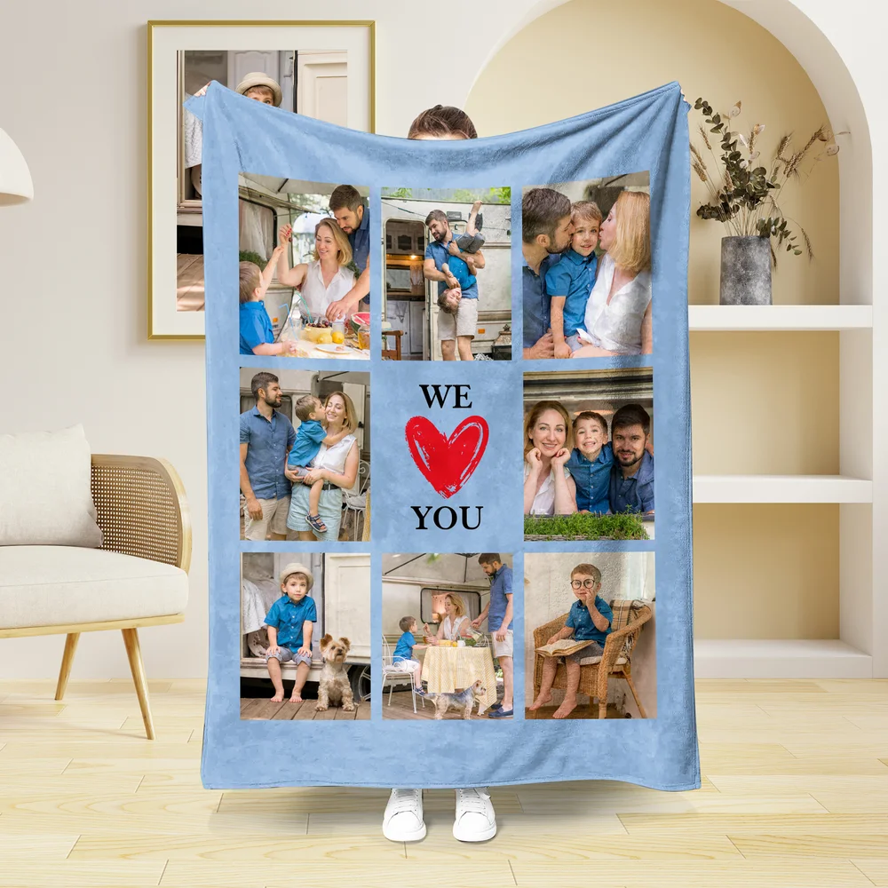 Personalisierte Fotodecke, 8 Fotos, Multicolor, Neun-Gitter-Design, „Wir lieben dich“