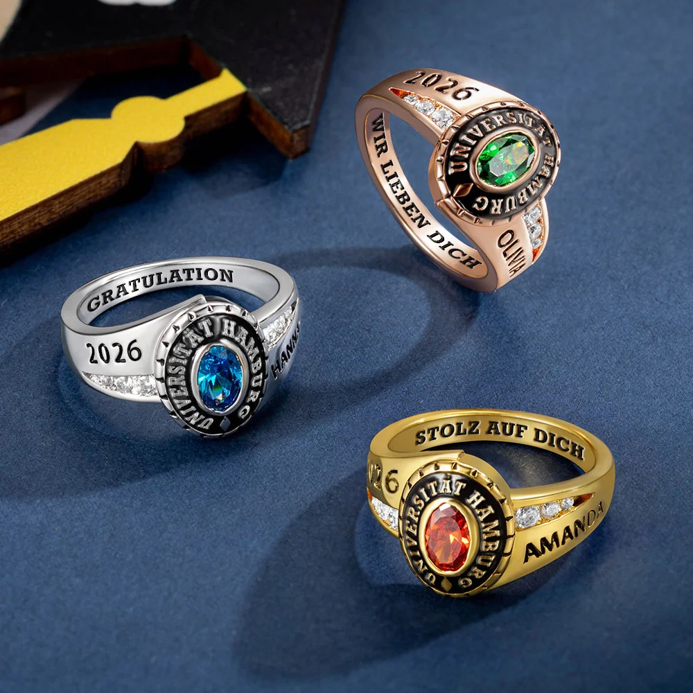 Personalisierter Geburtsstein Graduation Ring mit Eingravierten Namen und Text Graduierung