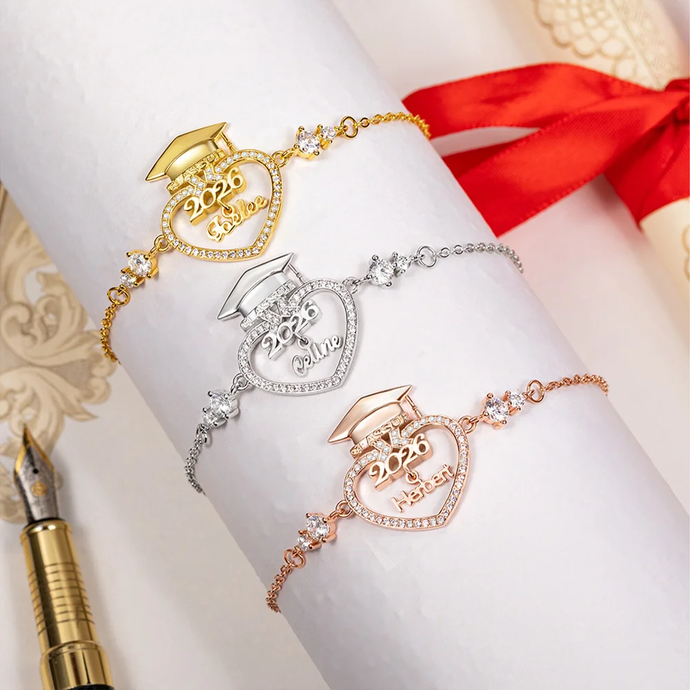 Personalisierte Graduierung Kappe Herz Zirkon Halskette Armband mit Namen
