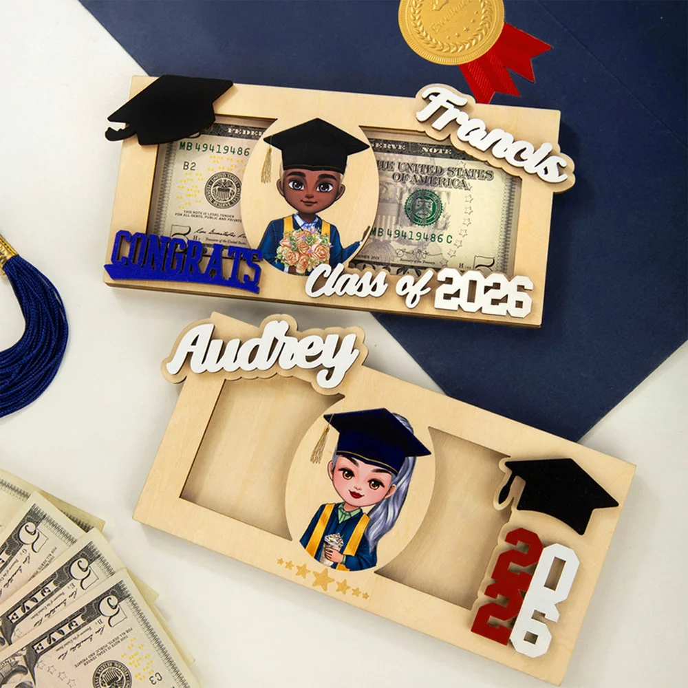 Personalisierte Grad Cap Cartoon Charakter hölzerne Geld Halter Bargeld Umschlag mit Namen und Jahr Graduierung Geschenk für Klasse von 2026 Absolventen