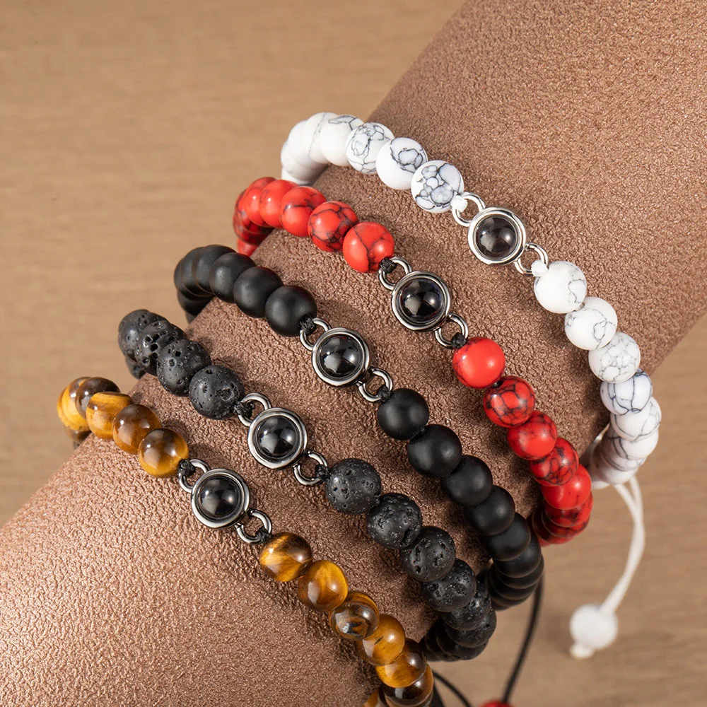 Personalisiertes Foto-Projektion Armband aus Tigerauge Lavastein Howlite Edelstein Elastische Perlenkette