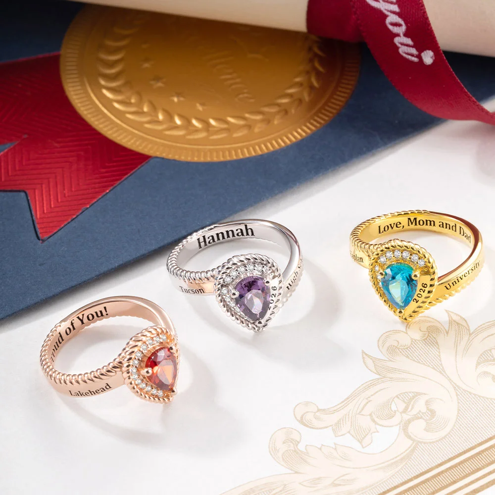 Personalisierte Klasse Ring mit eingraviert 2 Schule Namen Teardrop-förmigen Geburtsstein Klasse von 2026 High School Universität Abschluss Geschenk